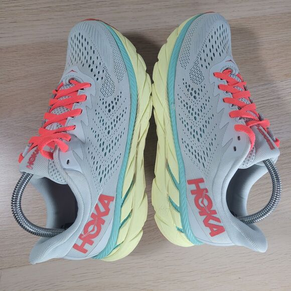 Hoka One Clifton 7 Shoes Womens Size 9.5 Morning Mist Hot Coral Running Trainers - Picture 4 of 8